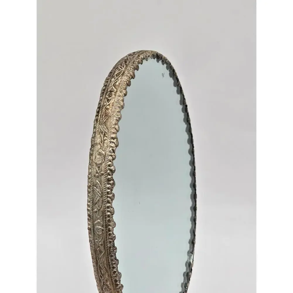 Antique Chinese Silver-plated Hand Mirror with Carved Jade Belt Hook Handle
